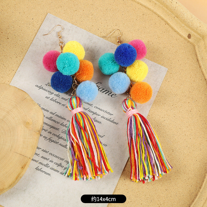 Ethnic Style Plush Ball Earrings Vintage Bohemian Long Personalized Colorful Plush Ball Earrings Holiday Tassel Earrings