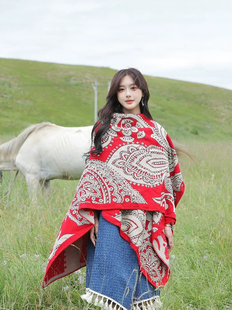 Nepal Cashew Flower Shawl Ethnic Style Scarf Cape Female Thickened Warm Cape