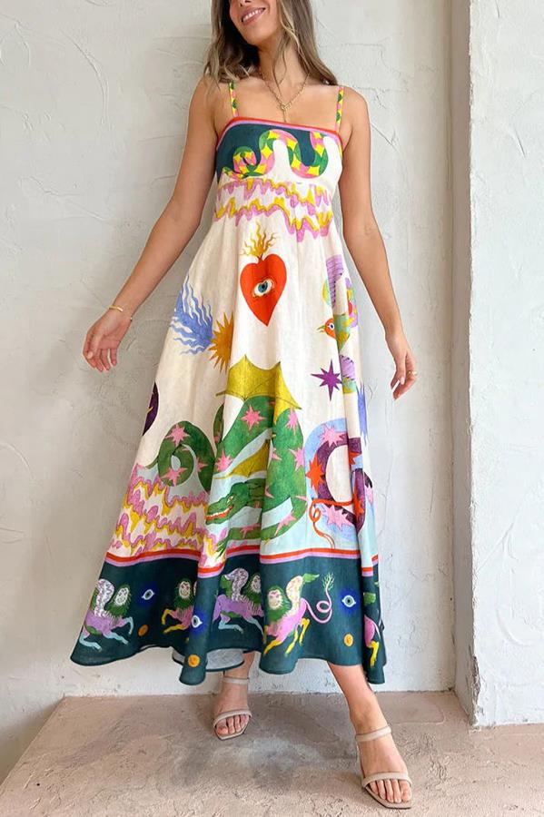 New Suspender Printed Sleeveless Large Swing Dress