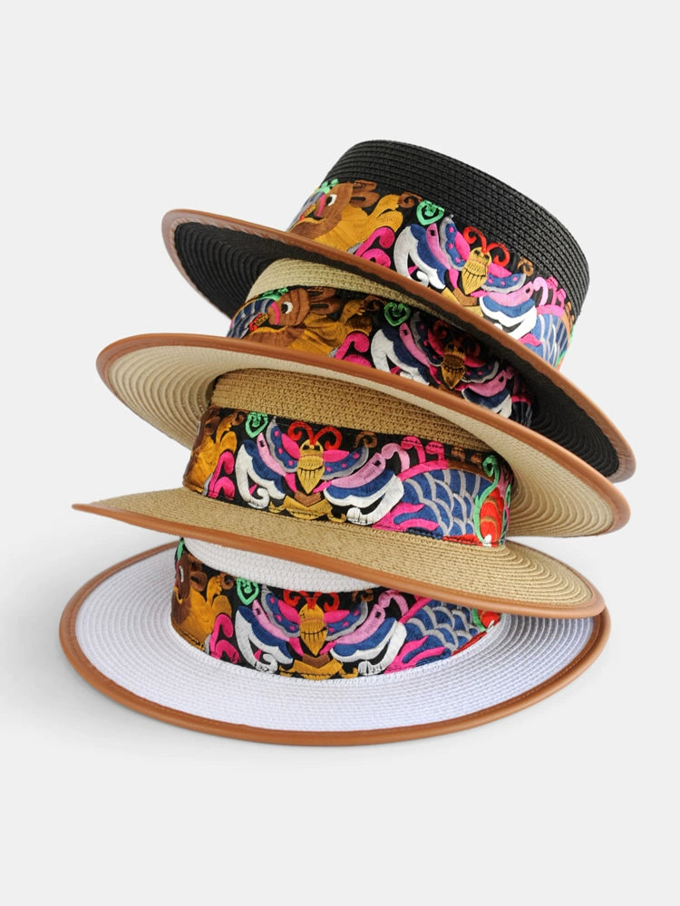 Straw Hat Retro Ethnic Style Embroidery Flower Beach Hat Spring and Summer Basin Hat