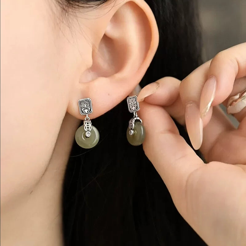 925 Silver Retro New Zakiram Hetian Jade Safety Buckle Earrings Copper Coins Women's Simple and High-end Sense Jewelry