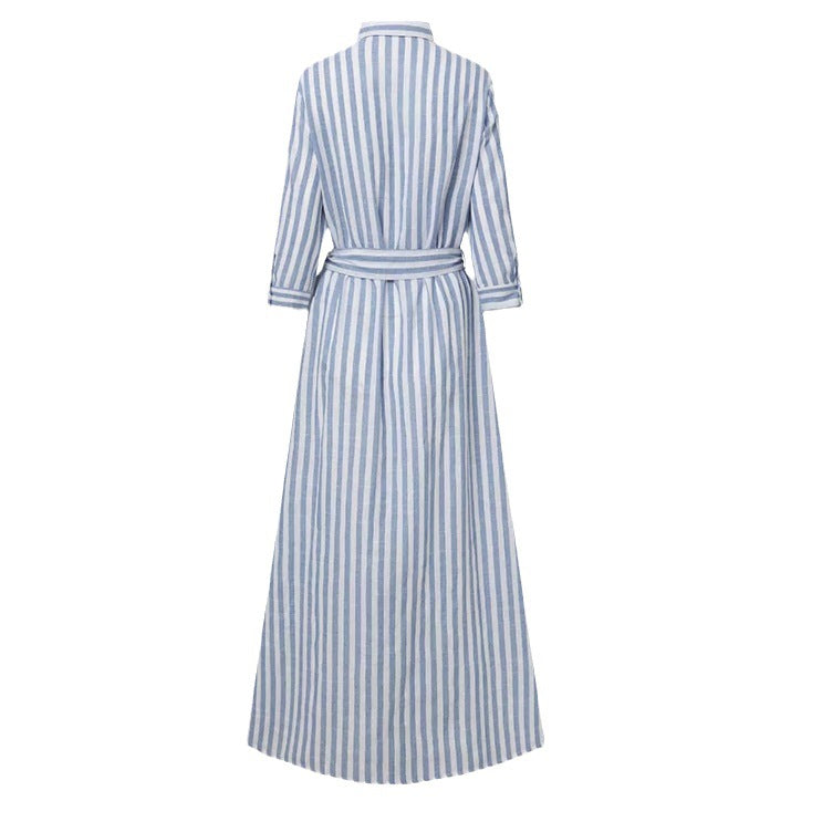 Cotton and Linen Yarn-dyed Sliver Women's Cardigan Belt High-end Loose Seven-quarter Sleeve Temperament Casual Dress