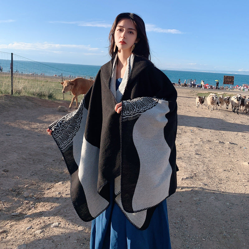 Tibetan Cold Protection Thickened Split Shawl Cloak Autumn and Winter Long Warm Scarf Women's Cloak