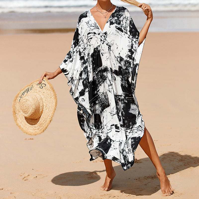 Summer Cotton Printed Beach Blouse Vacation Casual Bikini Sunscreen Beach Skirt