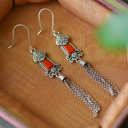 S925 Silver Tassel Earrings Female Literary Retro Knot Elegant National Style Exaggerated Long Earrings.