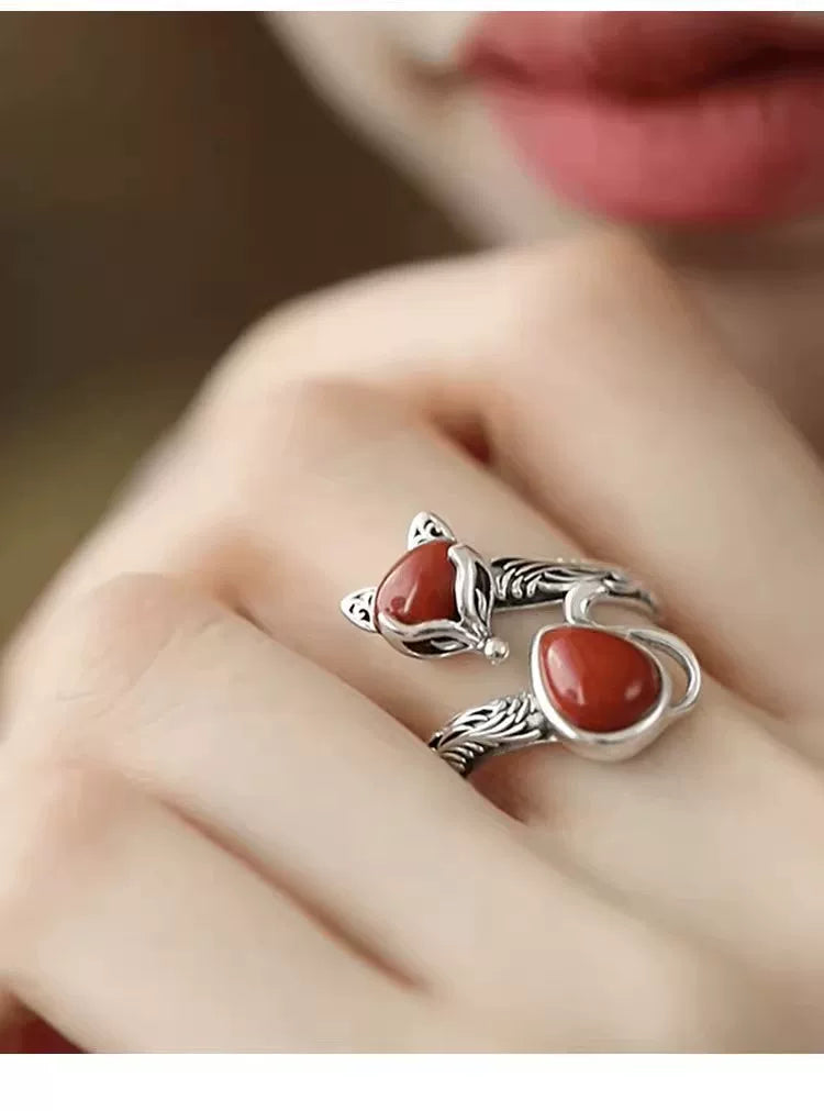 925 Silver Retro Ethnic Style Fox Ring Opening Adjustment Old Versatile Simple Jewelry