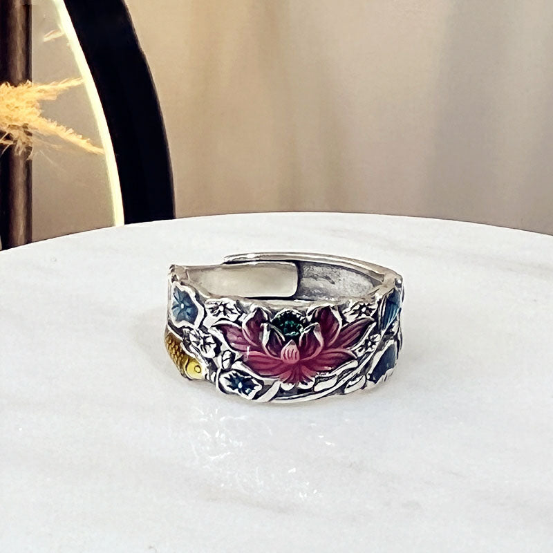 Silver Lotus Carp Openwork Retro Style Ring Vintage Distressed Craft Opening Literary Index Ring