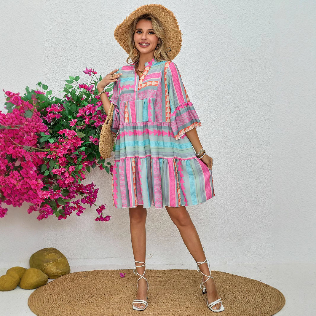 Women's Clothing New Spring and Autumn Printing V-neck Seven-quarter Sleeve Dress
