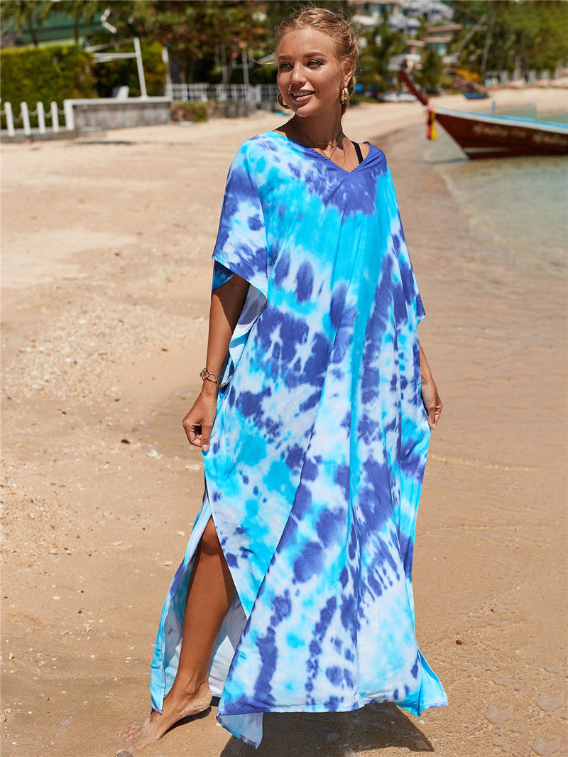 Hot Cotton Watermark Printed Beach Cover Up Robe Style Beach Vacation Sun Protection Bikini Cover Up