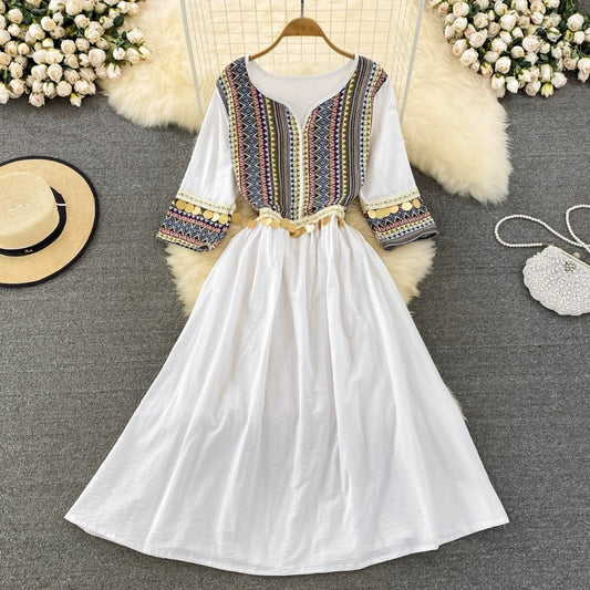 Ethnic Style New Spring and Summer Splicing Patch Cotton Linen Tassel Dress