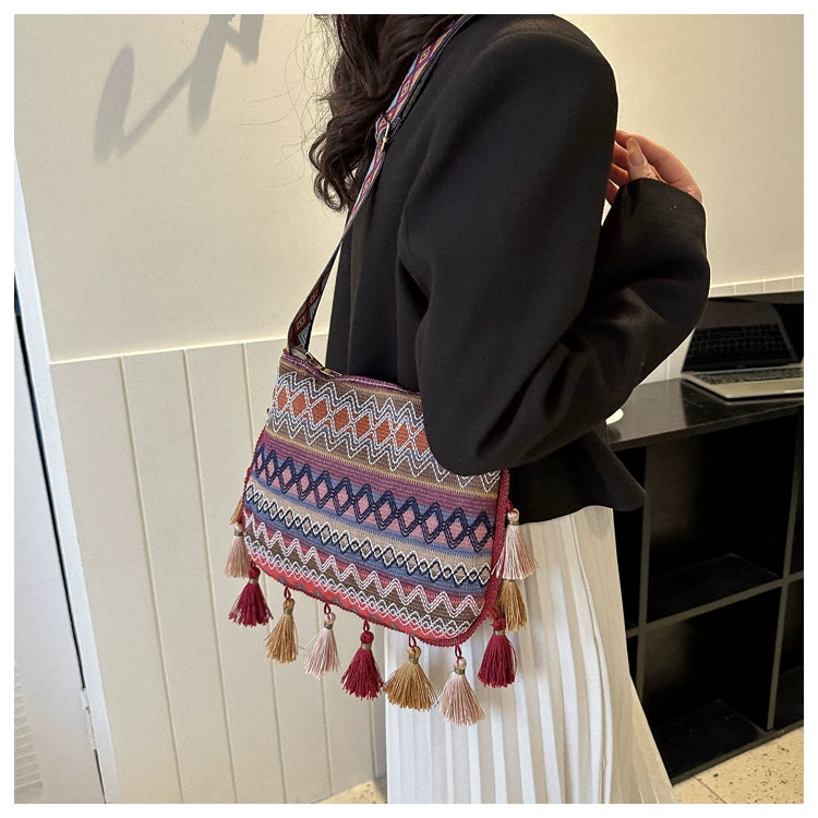 Small Fresh Ethnic Style Crossbody Bag for Women's New Fashion Versatile Wide Shoulder Strap Single Shoulder Bag Tassel Bucket Bag