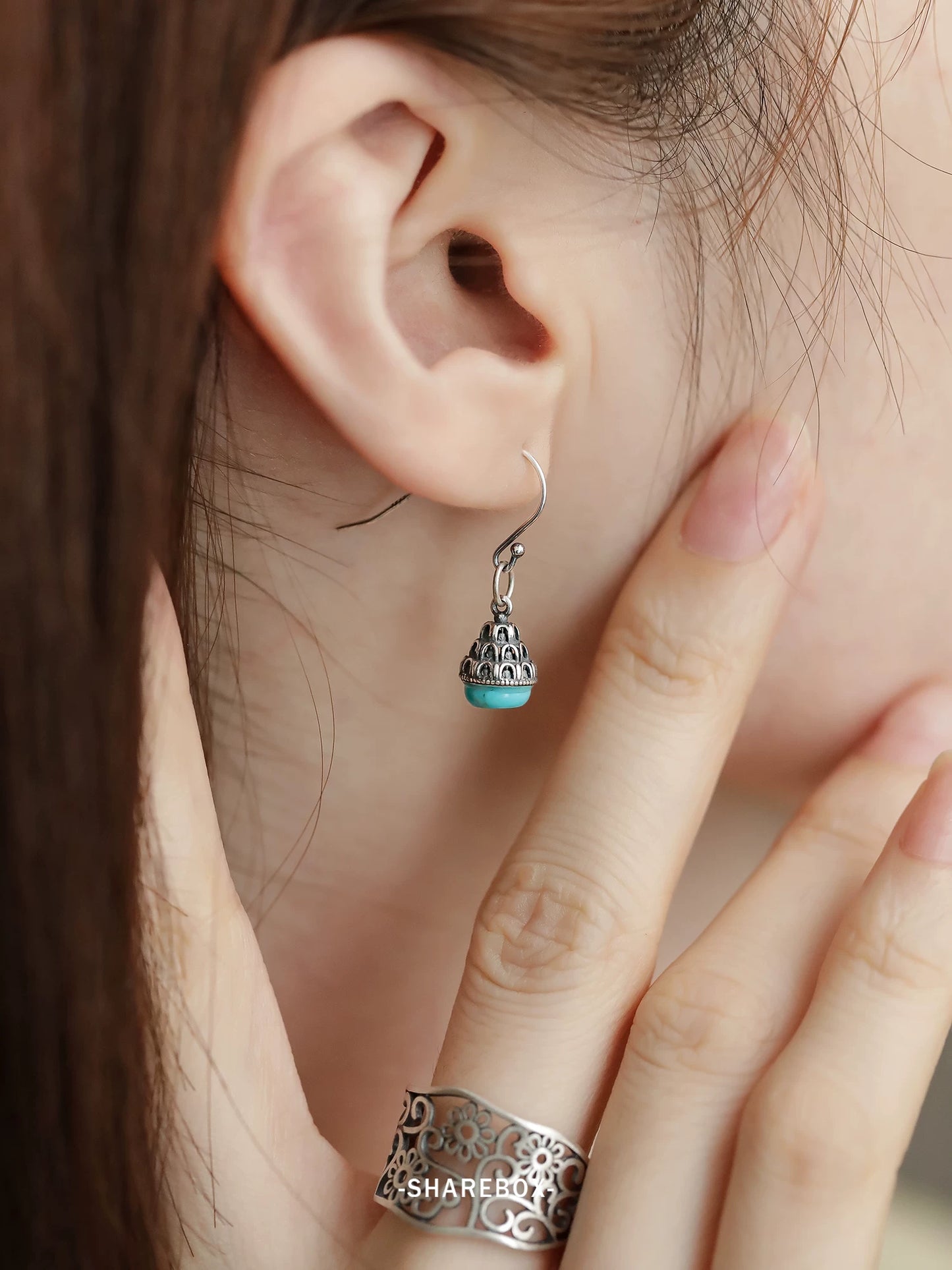 S925 Silver Turquoise Inlaid Wanfo Pendant, Ear Hook Earrings Women's New Tibetan Style Earrings