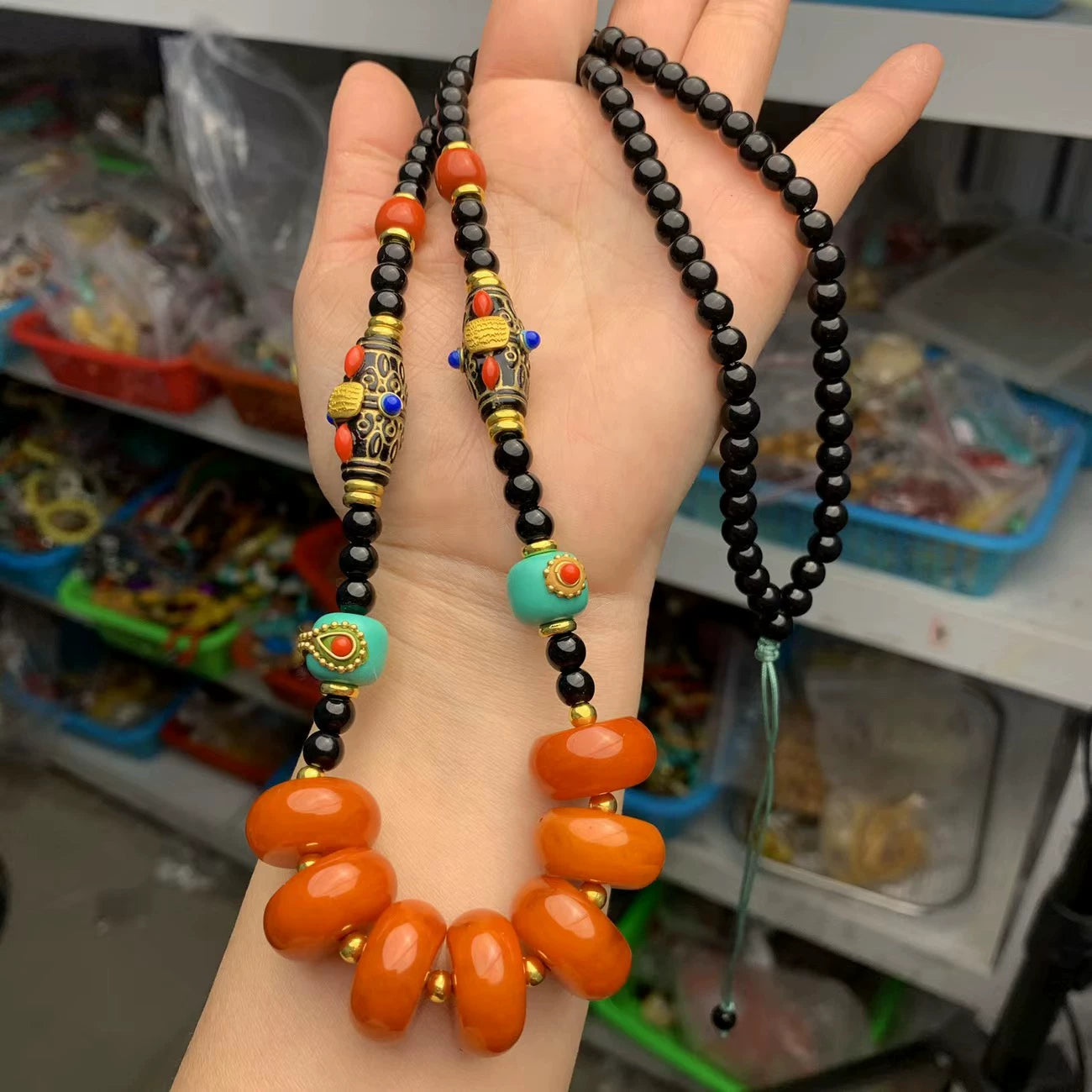 New Tibetan Ethnic Style Handmade Beeswax Turquoise Inlaid Nepalese Accessories Neck Hanging Sweater Chain