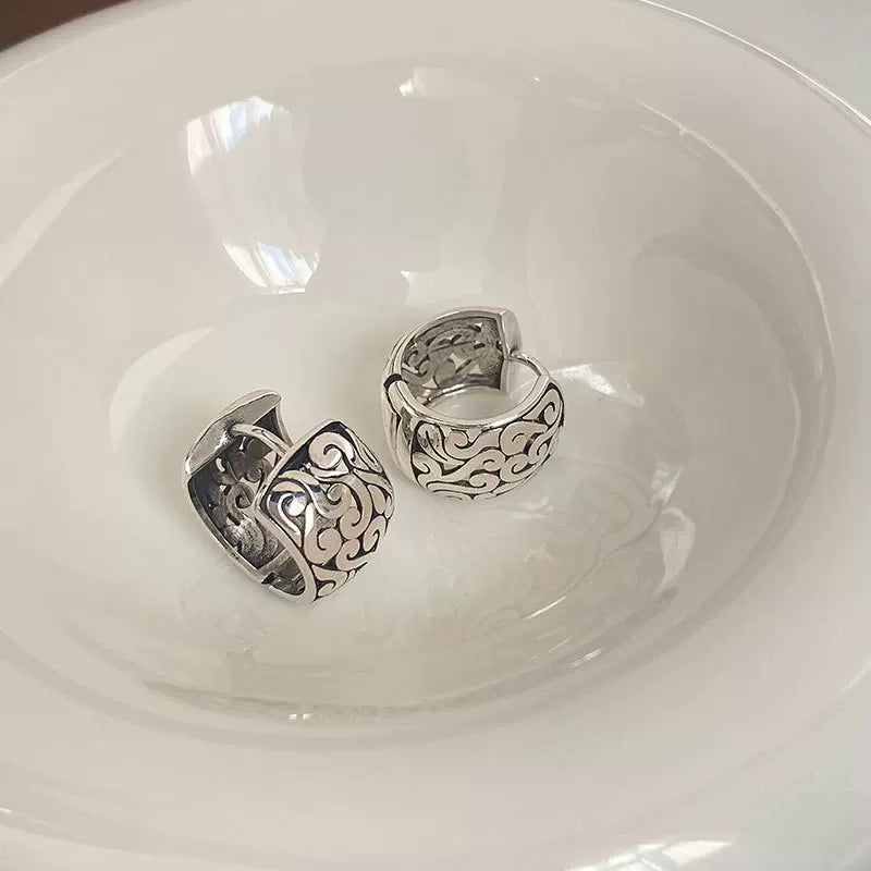 Cloud Ear Buckle Tibetan Style Retro Old Thai Silver Tang Grass Pattern Earrings