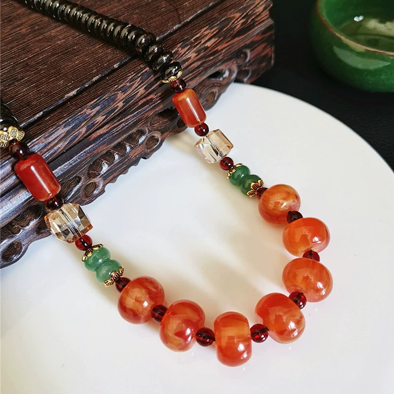 Classic Tibetan Red Blood Beeswax Old Wax Cake Necklace Abacus Bead Collarbone Chain Men's and Women's Ethnic Style Retro Neck Jewelry