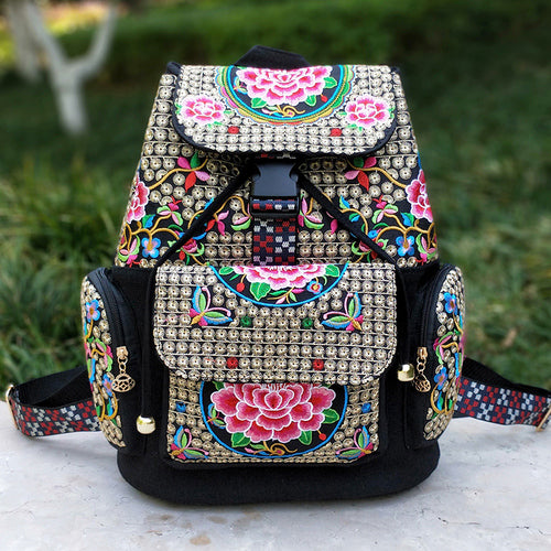 New Embroidery Bag Ethnic Style Bag Women's Large Capacity Canvas Backpack Travel Bag Fabric Art