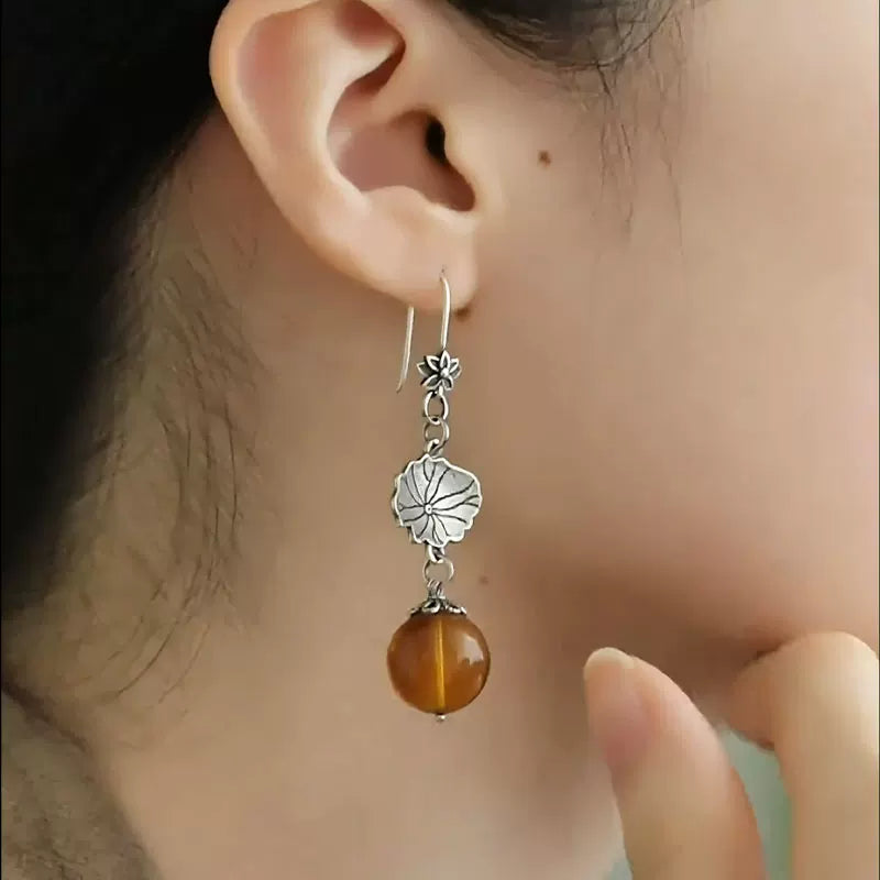 Retro 925 Silver Lotus Leaf Earrings Women's New Style Temperament Versatile Earrings Round Beads Irregular Earrings