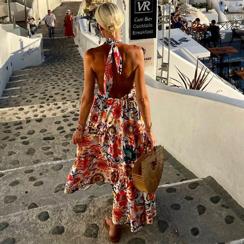 Summer New Style Fashion Deep V Halterneck Open Back Sleeveless Print Resort Beach Dress