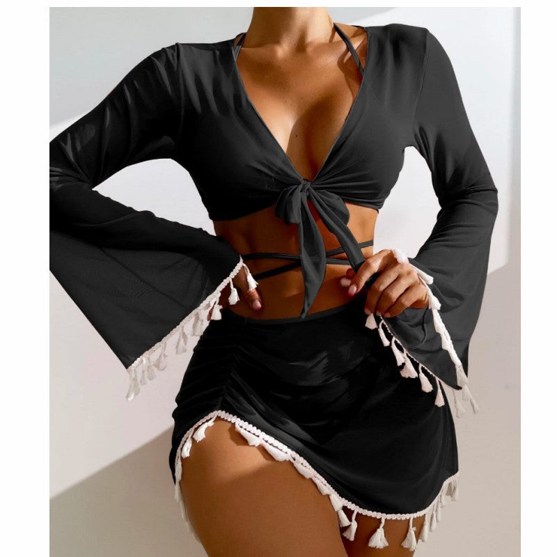 New Conservative Four Piece Set Solid Color Tassel Top, Mesh Short Skirt, Bikini for Women