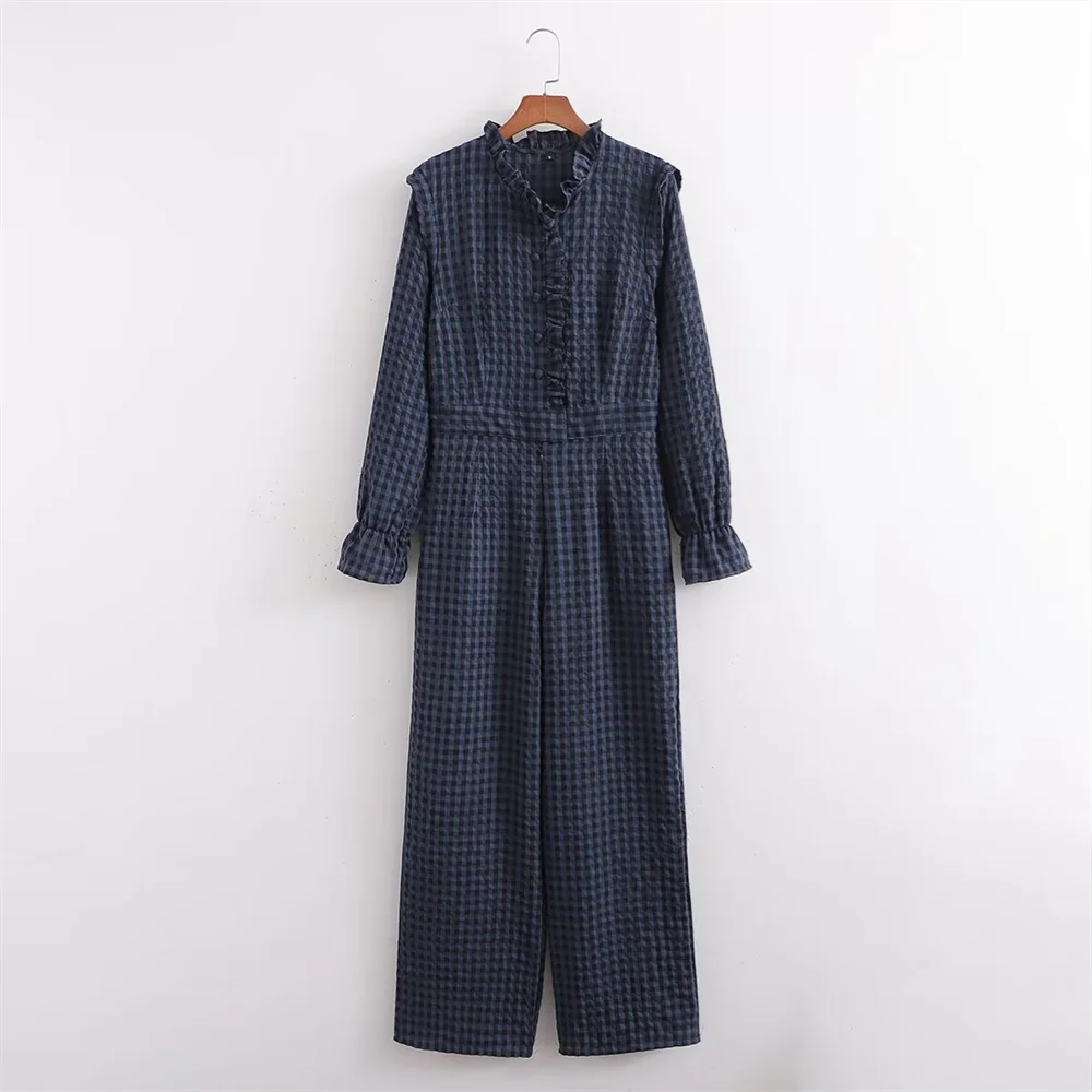 2024 Spring New Women's Fashion temperament casual versatile bubble sleeve plaid long jumpsuit