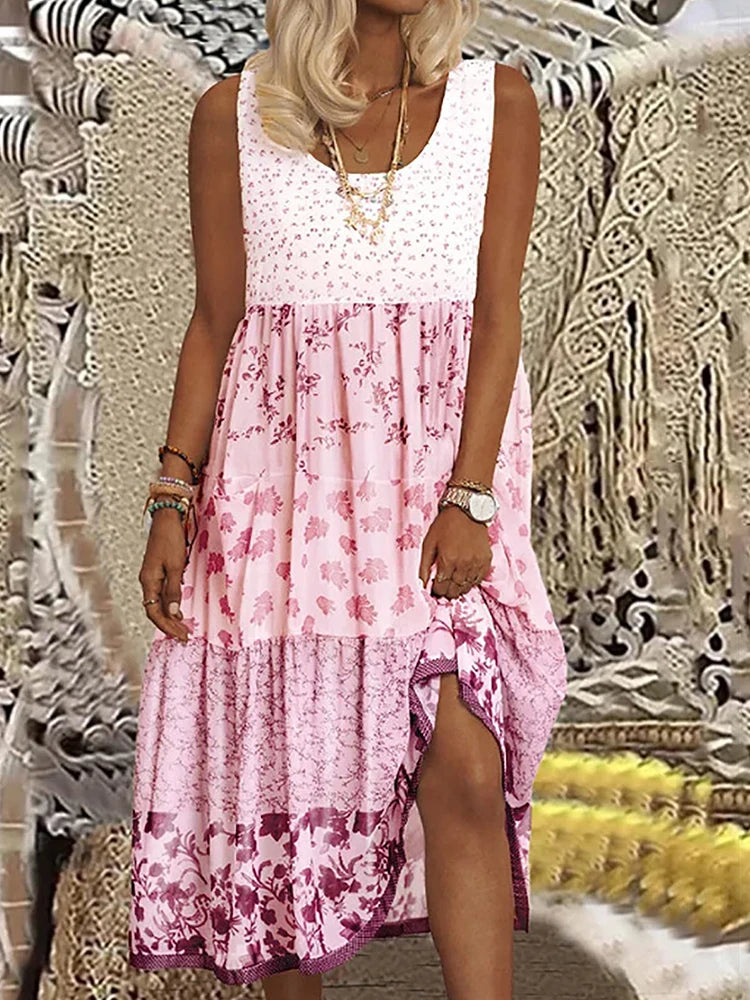 Plus Size Casual Women Summer Midi Dress 5XL Large Size Floral Print Sleeveless Crewneck A Line Boho Beach Dresses