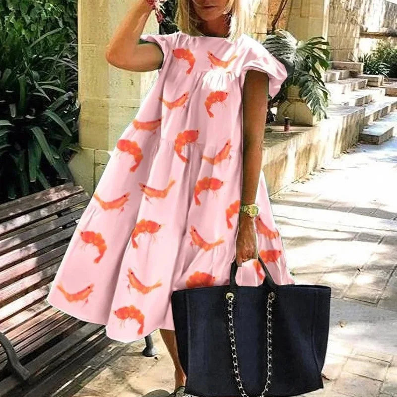 Plus-size Dress Round Neck Pink Maple Leaf Butterfly Print Loose Casual Beach Dress Women's Elegant Dresses Midi Dresses Fashion