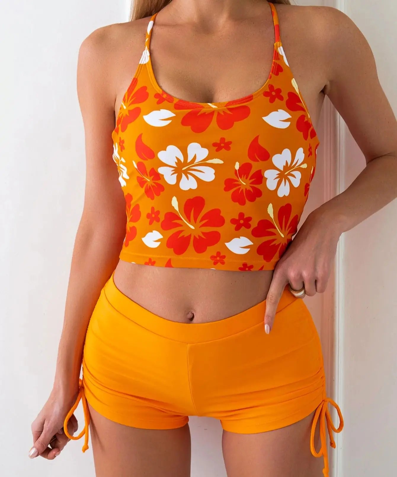 Printed Flower Tankini Set  Girl Swimwear Adjustable Strap Vest Bra Female Flower Shorts Bikini Drawstring Women Beach Set