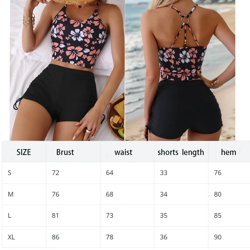 Printed Flower Tankini Set  Girl Swimwear Adjustable Strap Vest Bra Female Flower Shorts Bikini Drawstring Women Beach Set