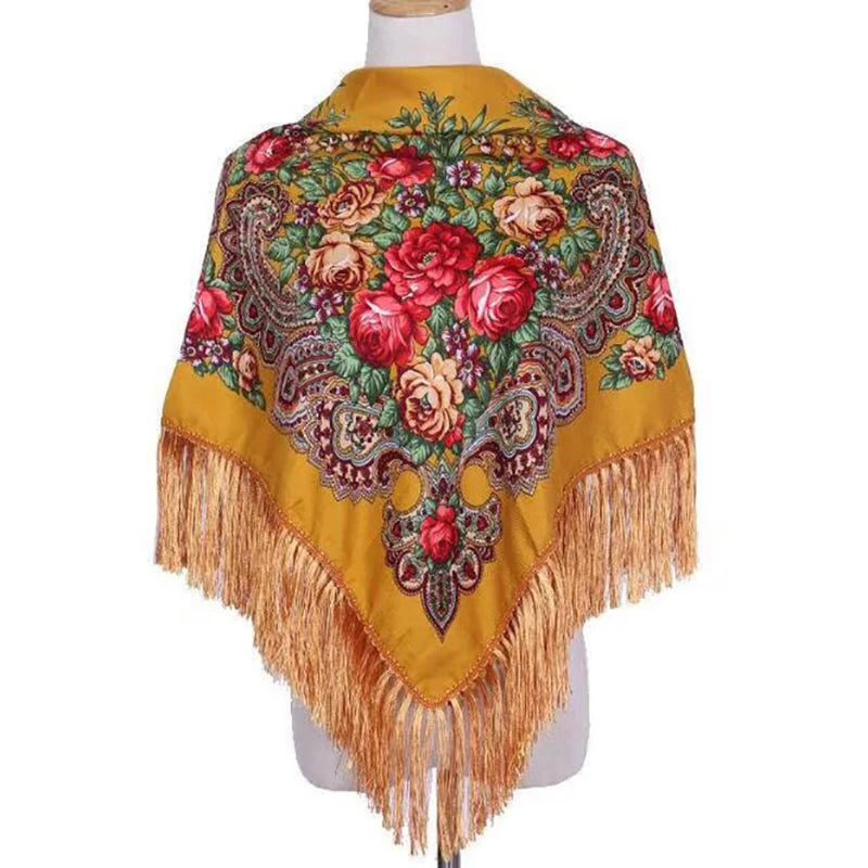 Retro Printed Scarf Winter Boho Shawl Autumn And Winter Warm Cotton Russian Women'S Shawl Ethnic Style Tassel Scarf Shawl 1pc