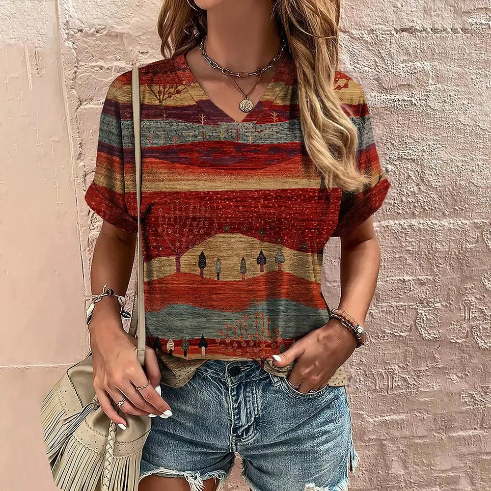 Retro Women's T-Shirt Summer V-Neck Short Sleeve Tee Casual Harajuku Stripe Print T Shirt for Women Streetwear Pullover Tops New