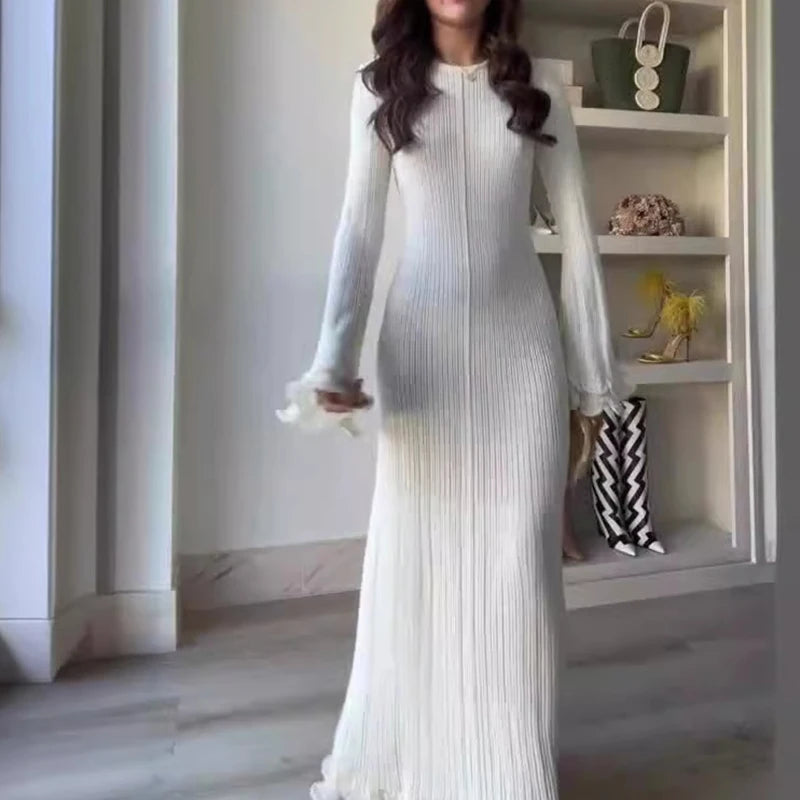 open lace back dress Ruffles Pleated Loose Long Dress Women Autumn Winter Fashion White O –  emogogo