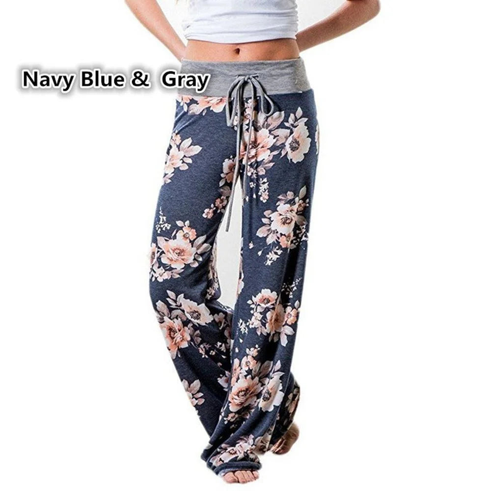 S-8XL Fashion Women Casual Loose Stretch Printing Long Wide Leg Yoga Pants Drawstring  Lounge Pants Pajama Pants