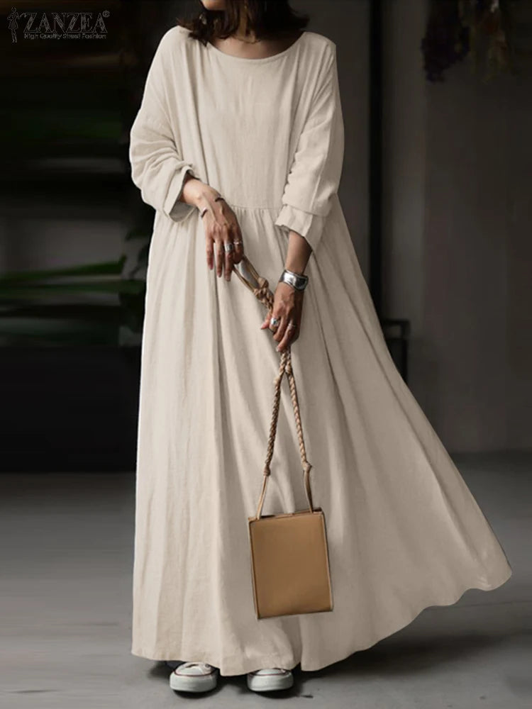 Autumn Women Sundress ZANZEA 2023 Vintage Solid Dresses Female Cotton Robe Casual Long Sleeve Pleated Maxi Vestidos Kaftan