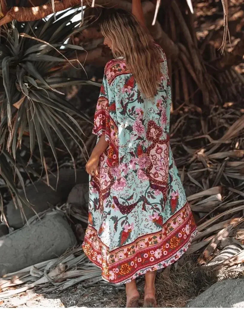 Happie Queens Women Green Peacock Print Bat Sleeve Beach Bohemian Kimono Robe Ladies V Neck  Boho Bikini Cover-ups