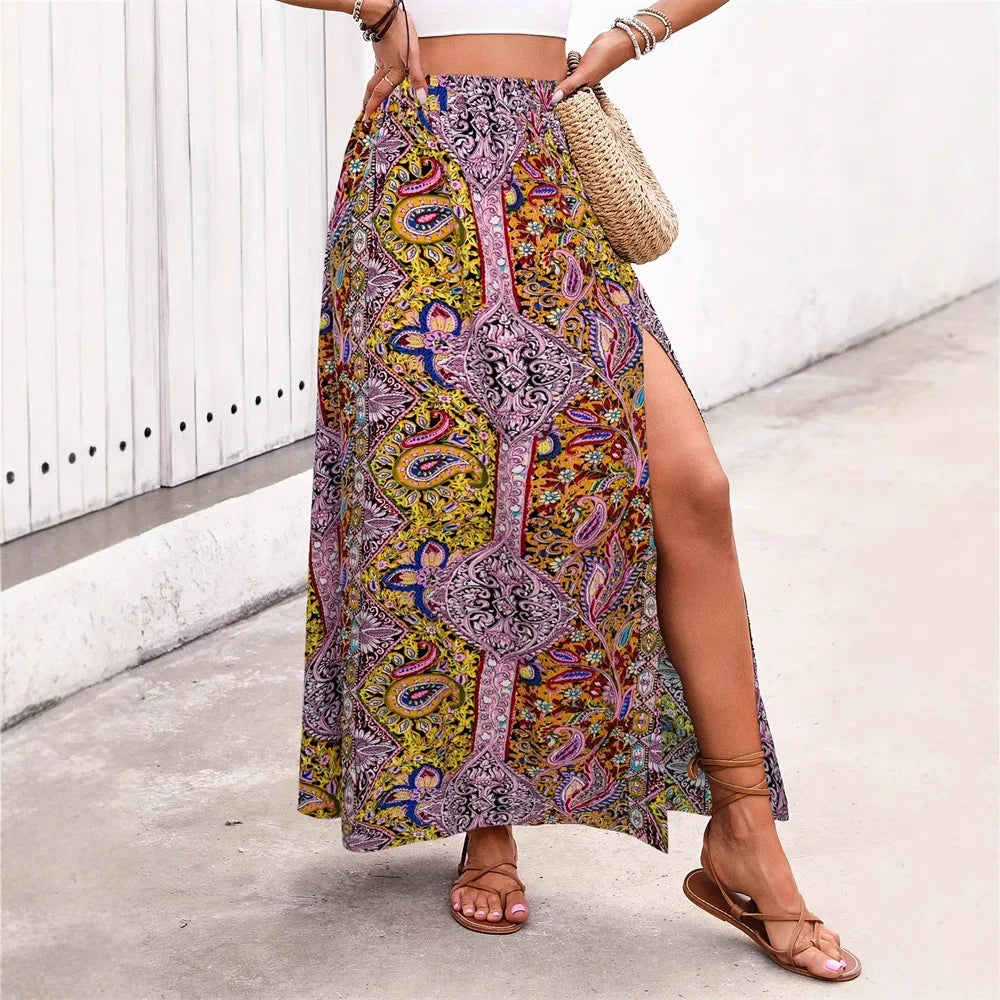 Bohemian Boho Retro Floral Print Skirts Women Indie Folk Summer High Waist A-Line Pleated Long Skirts Casual Holiday Beach Skirt