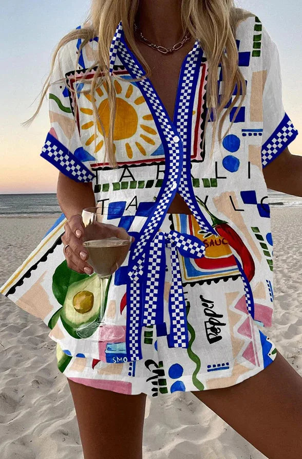 Fashion Print Beach Holiday 2-Piece Set Women Summer Short Sleeve Shirt Top + Wide Legs Short Women's Oversized Two-Piece Outfit