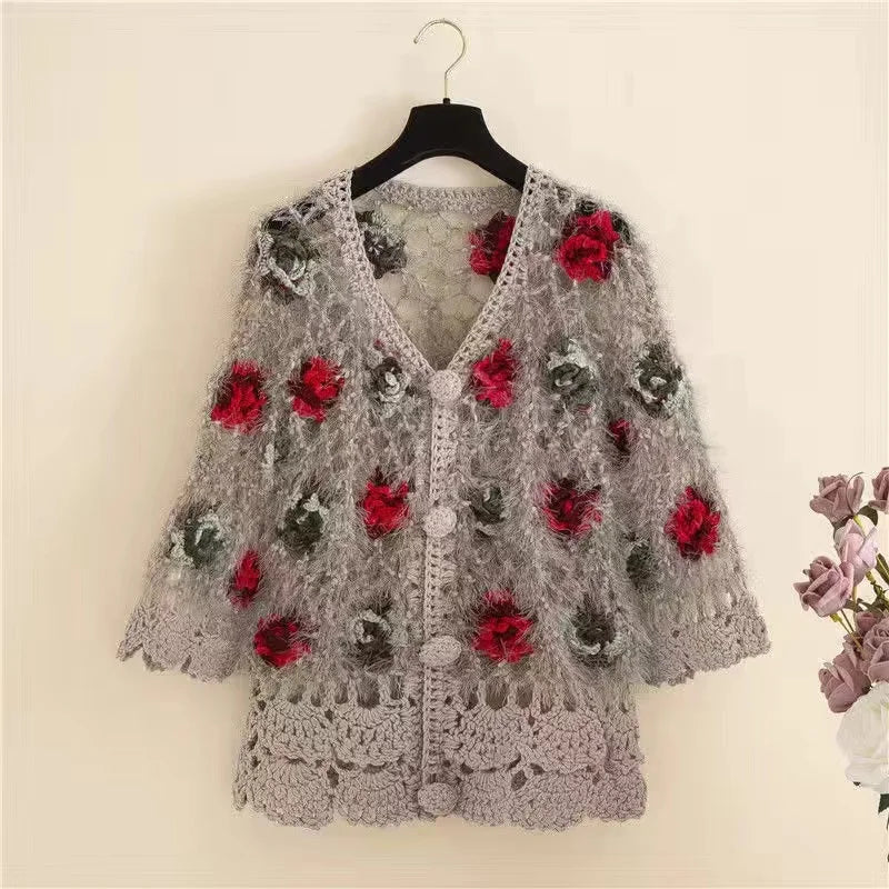 Three-Dimensional Flower Openwork Crocheted Sweater Cardigan Women's Spring And Autumn New Heavy Industry Joker Sweater 3XL Coat
