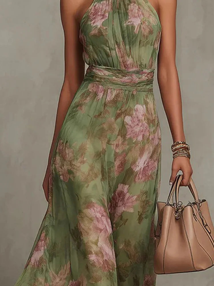Fashion Sleeveless High Neck Ruched Waist Chiffon Flowy Evening Party Dress 2026 New Women Floral Print Halter Maxi Dress