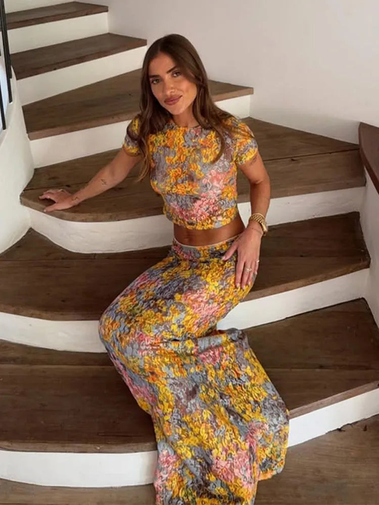 Elegant Flower Print Short Sleeve Shirt Long Skirt Set Women Bodycon O-neck Tops Skirt 2025 New Vocation Beach Street Outfit
