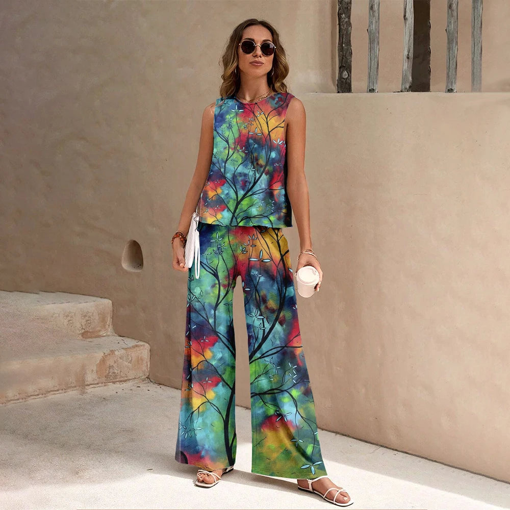Harajuku Colorful Floral Pattern Print 2 Piece Womens Elegant O Neck Pullover And Straight Leg Pants Set Spring Summer Beach Set