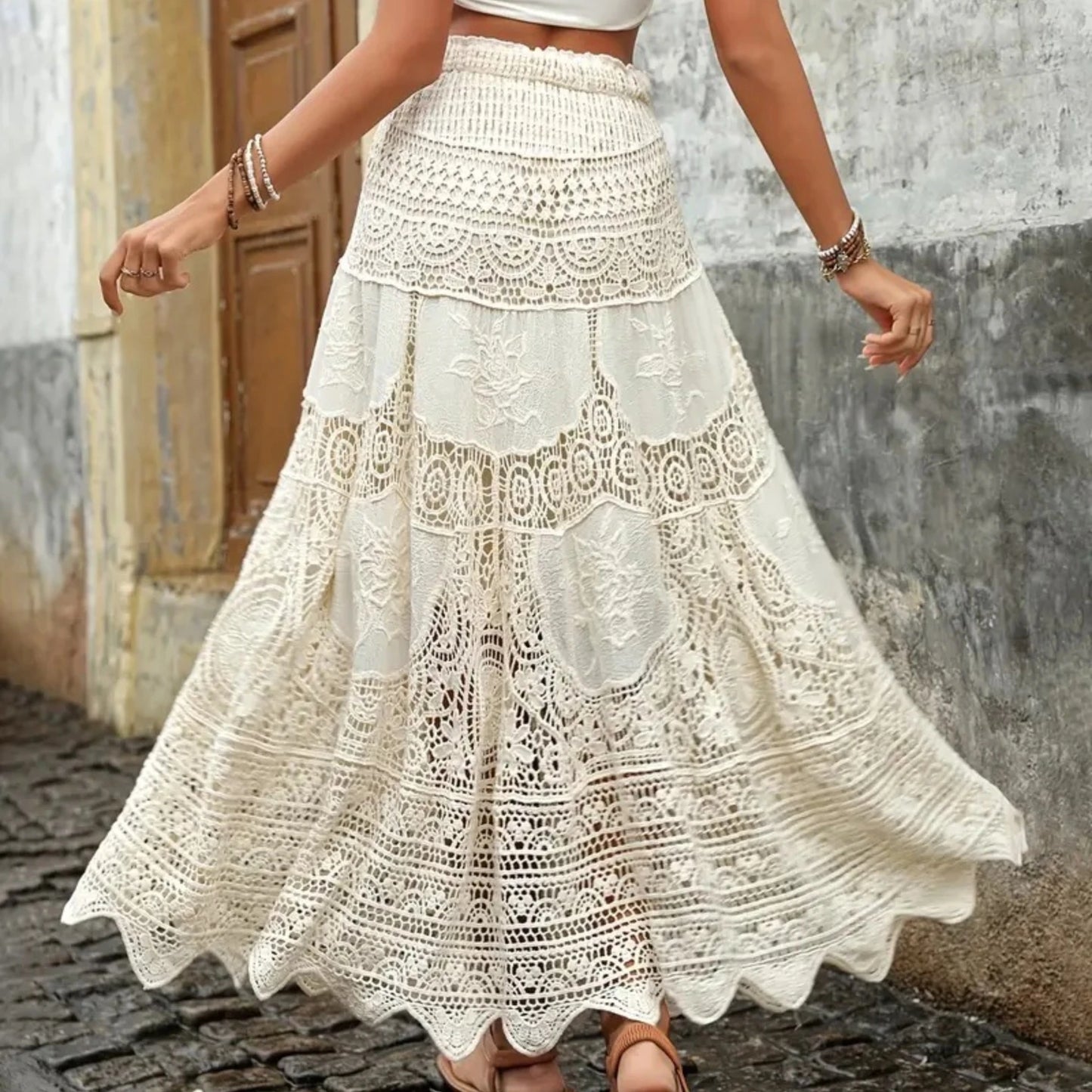 Yiiciovy Summer Lace Flower Beach Skirts Women A-line Maxi Skirt Long Crochet Boho Flowy Skirt for Beach Holiday Outfits