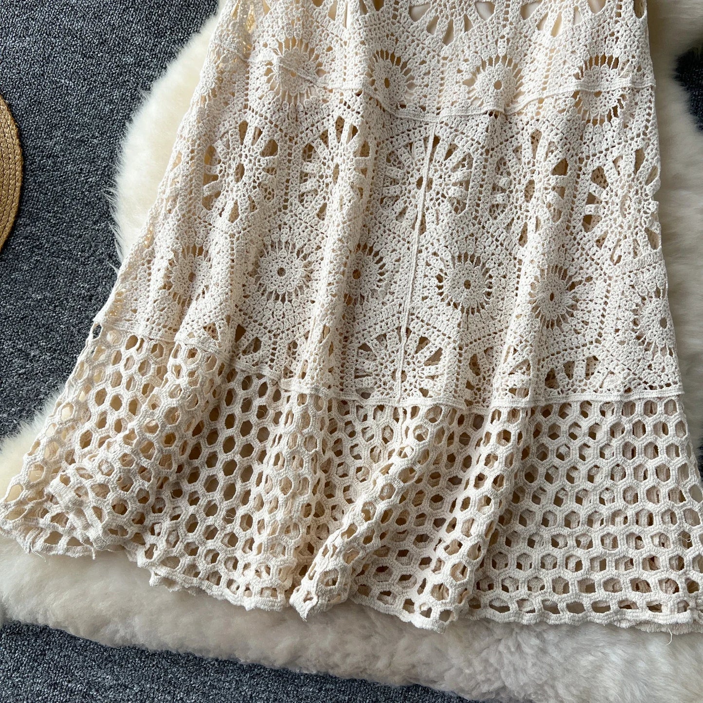 Cotton Floral Crochet Knitted Lace Skirt For Women Vintage Hollow Out Elastic Waist Skirts Summer Holiday Long  Boho Beach Falda