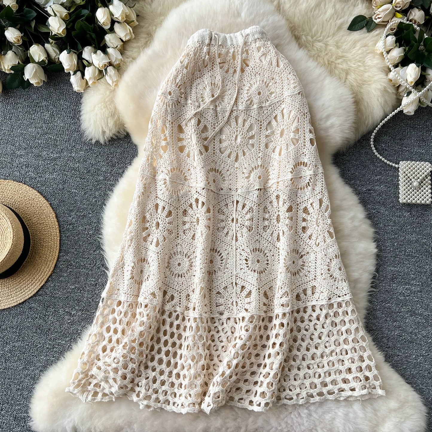 Cotton Floral Crochet Knitted Lace Skirt For Women Vintage Hollow Out Elastic Waist Skirts Summer Holiday Long  Boho Beach Falda