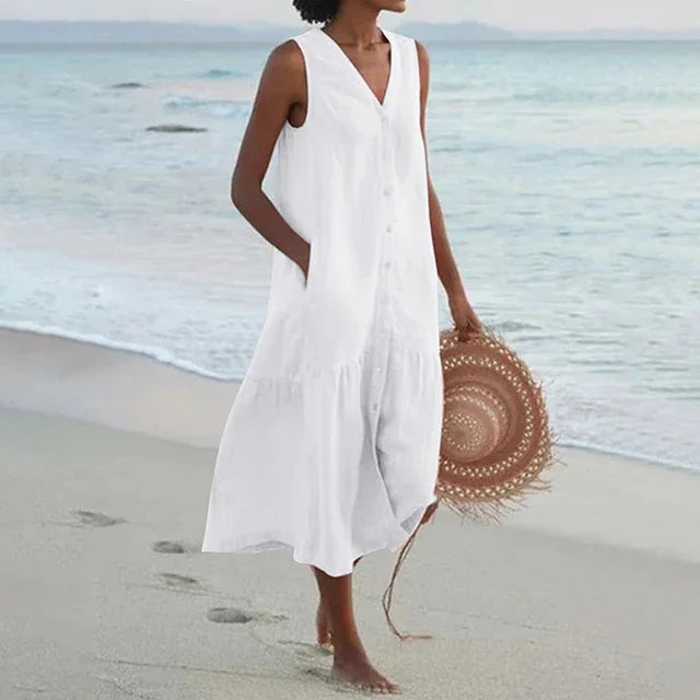 Summer Loose Casual Patchwork Cotton Linen Pocktes Dress V Neck Beach Style Dress Sleeveless Vintage Club Midi Solid Women Dress