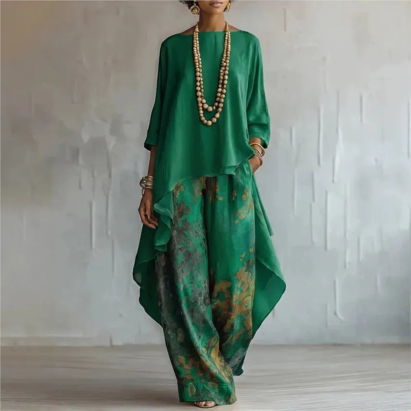 Boho Women's Spring Summer New Two-piece Set Suit Vintage Printed Irregular O Neck Versatile Casual Loose 2-piece Set For Women