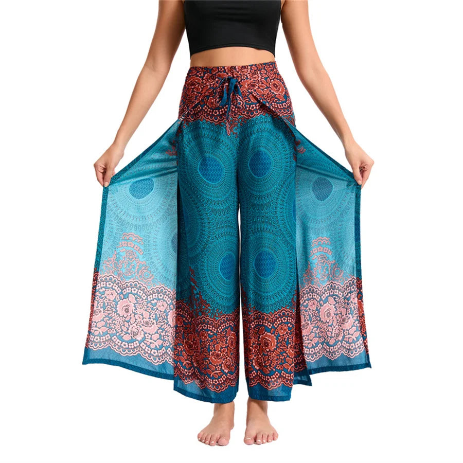 Women's Boho Palazzo Pants Wide Leg Yoga Wrap Tie Up Waistband Beach Cover Up Trousers Rayon Soft Breathable Loose Pants