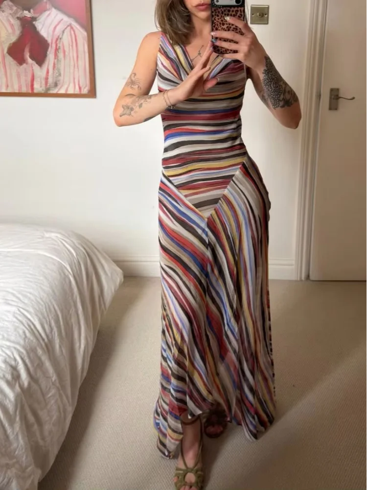 Women Sleeveless Stripe Maxi Dress Cowl Neck Multicolor Ruched Bodycon High Slit Chiffon Vestido Sexy Evening Party Summer Gown