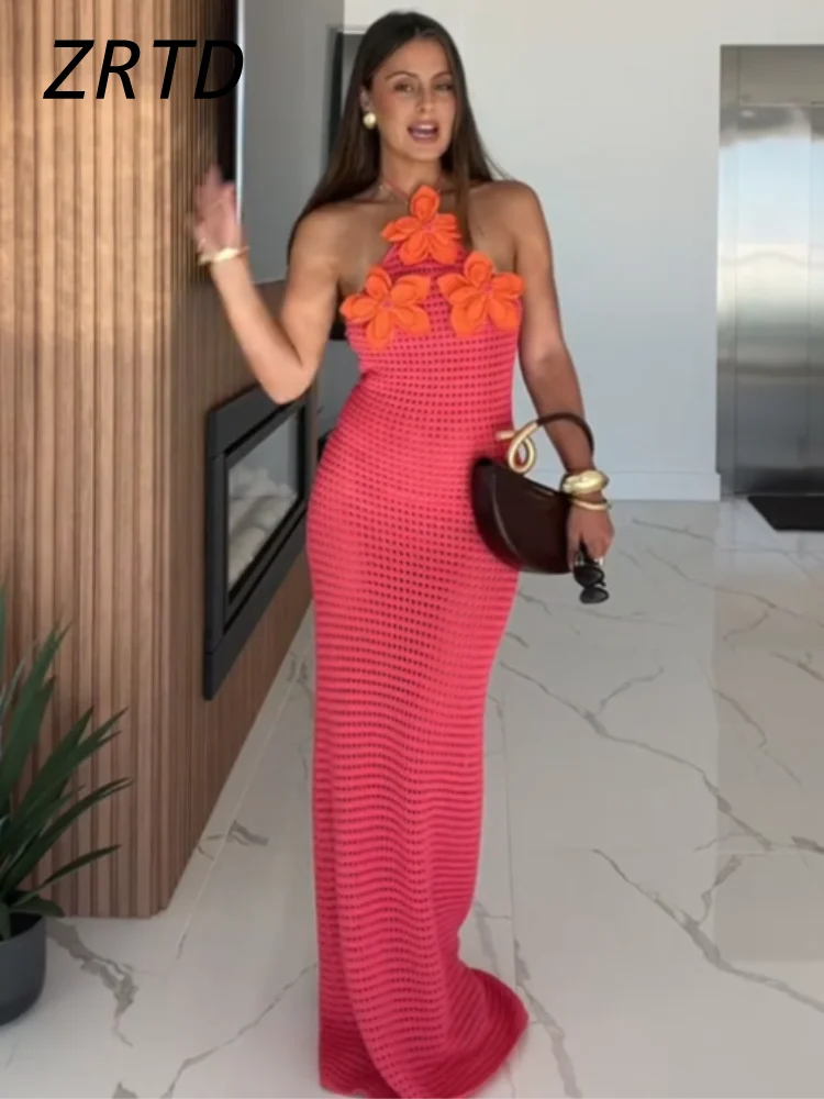 Sexy Crochet Hollow Out Long Halter Dress Women 3D Flower Backless Sleeveless Beach Dresses 2025 Summer Lady Vacation Robes New