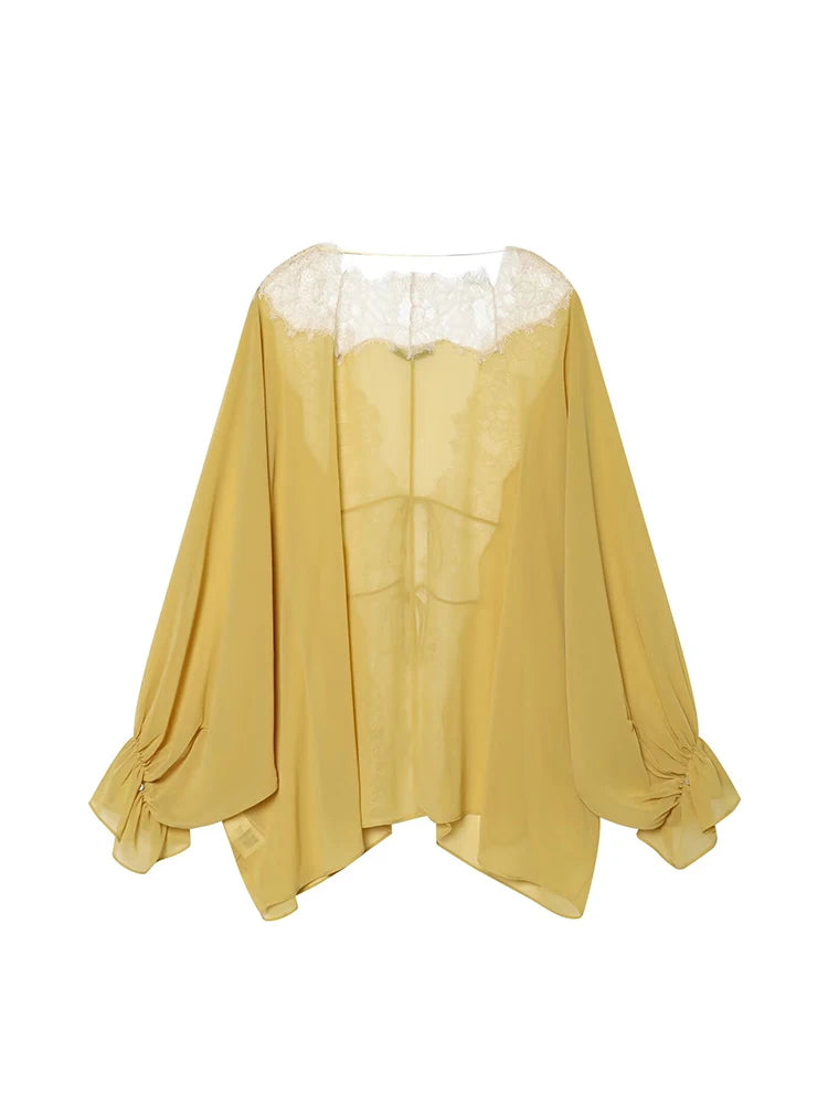 Women Lace Patchwork Lantern Long Sleeve Shirt Top Tie-up Loose Sheer Blouse Elegant Irregular High Street Fashion Lady