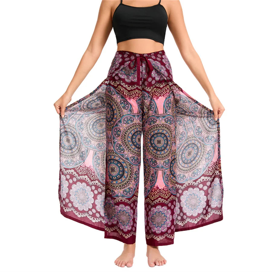 Women's Boho Palazzo Pants Wide Leg Yoga Wrap Tie Up Waistband Beach Cover Up Trousers Rayon Soft Breathable Loose Pants
